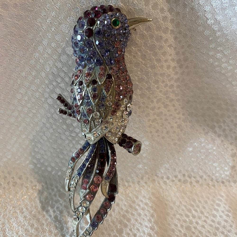 Silver Tone Crystal Bird on Branch Brooch
